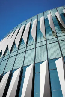 Exterior detail of University of Illinois at Chicago, Academic and Residential Complex (UIC ARC) on a sunny day