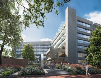 Rendering of the facade of the AIA headquarters in Washington, D.C. Showing the proposed changes to the courtyard and modifications to the building's exterior as part of the renewal project.