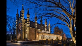 Mount Auburn Cemetery - Bigelow Chapel exterior at dusk