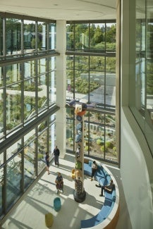 Interior atrium of Seattle Children's Building Care: Diagnostic and Treatment Facility, includes a gathering point and a large story pole.