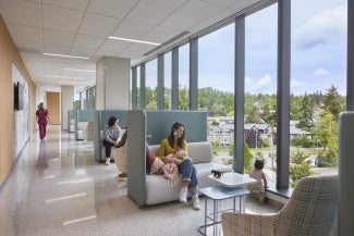 Interior waiting and respite space in Seattle Children's Building Care: Diagnostic and Treatment Facility