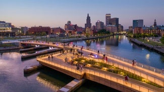 Van Leesten Memorial Bridge shot from above at dusk