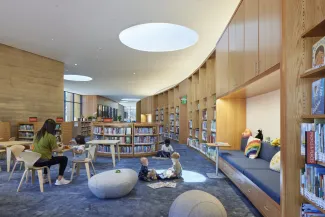 Interior library stacks inside of Atherton Library.