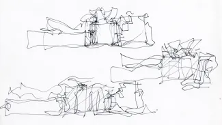 Ink of paper sketches of Guggenheim Museum Bilbao elevations