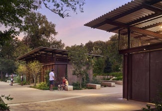 Exterior of Kingsbury Commons at Pease Park at sunset