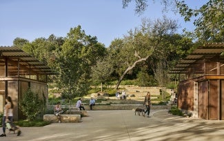 Courtyard and limestone seating at Kingsbury Commons at Pease Park 