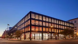 Exterior view of Martin Luther King Jr. Memorial Library at night