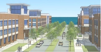 rendering of downtown streetscape with trees and view toward the water