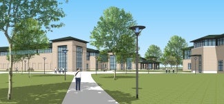 rendering of campus with large, open green spaces