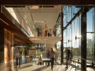 Interior of University of Washington, Life Sciences Building with sun shining through