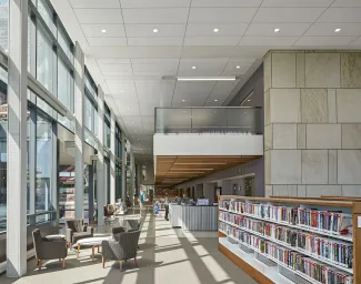 Library stacks inside of Woburn Public Library.