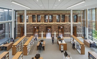 Library stacks inside of Woburn Public Library.