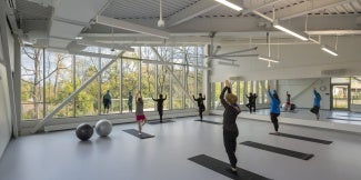 a yoga class in a yoga studio