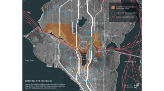 Diagram of the untreated neighborhood runoff, Lake Union stormwater basin, and the salmon migration routes.