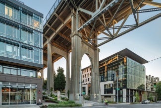 Watershed’s bioswales clean over 400,000 highly polluted gallons of water annually, much from the overhead aurora bridge, before that water flows into Lake Union, affecting migrating salmon.