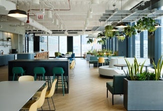 Open office interior with seating areas and plants