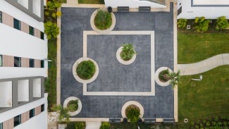 Aerial view of a courtyard with planters.