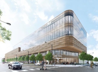 Rendering of a mixed-use medical building with view from the street. The curtain wall reflects the sky. 