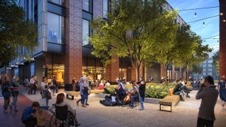 Rendering of a tree-lined courtyard next to a brick and glass building. 