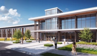 Rendering of a school entrance at daytime.