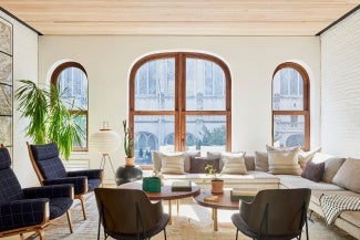 Light-filled living room in Brooklyn mass timber project