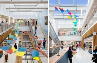The centerpiece of the “Socratic Walk” creates the Learning Commons or “heart of the school” with skylights, active corridors and flexible, informal common spaces to gather, socialize, and collaborate.