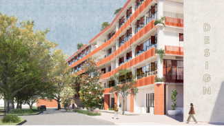 A rendering of a building with the word DESIGN