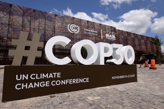 cop30 sign UN climate change conference venue exterior