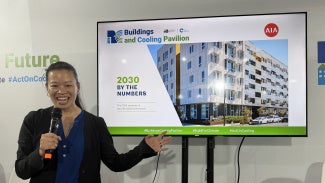 Evelyn Lee, FAIA, presenting the AIA 2030 By the Numbers report at COP30’s Buildings and Cooling Pavilion.