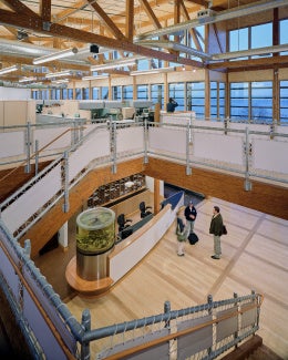 Philip Merrill Environmental Center: View of the lobby stairs that connect the first-floor entry and exhibit space to the  second floor staff work area. 