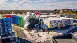 colorful building abstract shape around entrance strong museum of play