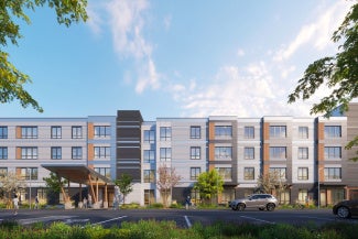 rendering of affordable housing complex with overhang entrance