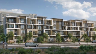 rendering of three-story affordable housing structure on tree-lined street