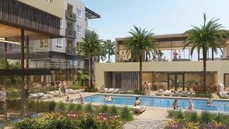 rendering of interior courtyard and pool area with palm trees