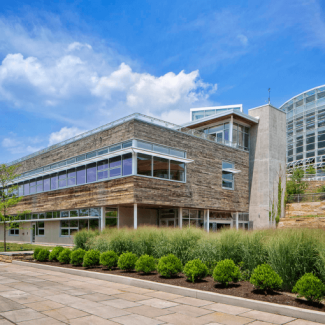 Exterior of a modern stone building with a stone walkway and landscaping