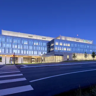 Exterior of Allegheny Health Network Wexford Hospital at night