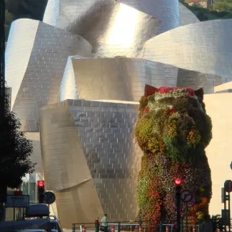 Exterior of Guggenheim Museum Bilbao on a sunny day.