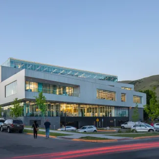 Exterior of Missoula Public Library New Main Library with hill in the background.