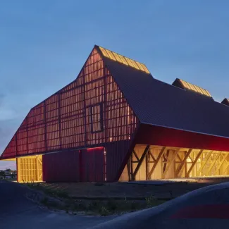 Exterior of Thaden Bike Barn at dusk