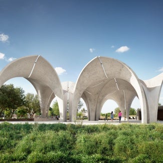 Confluence Park’s unique main pavilion is made of 22 concrete “petals” that form a geometry designed to collect and funnel rainwater
