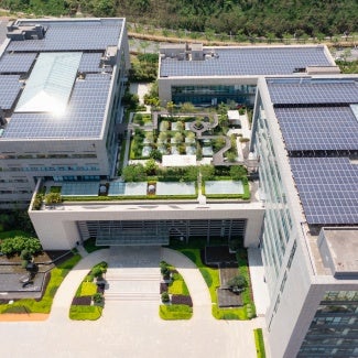 Aerial view of modern sustainable office building
