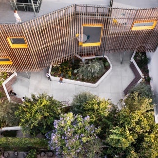 Aerial view of courtyard and main buildings.