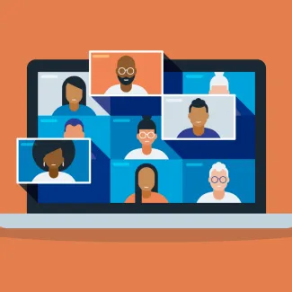 Graphic of a computer with diverse figures on a video call