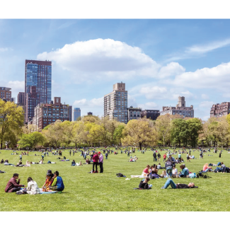 People congregating in a park enjoying a sunny day