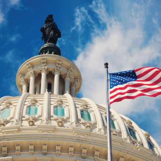 US Capitol dome with flag