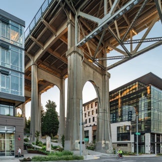 Watershed’s bioswales clean over 400,000 highly polluted gallons of water annually, much from the overhead aurora bridge, before that water flows into Lake Union, affecting migrating salmon.