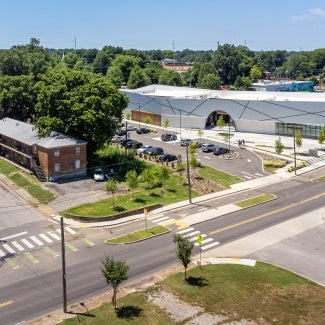 Aerial view of Collage Dance facility in the context of its neighborhood.