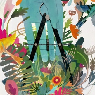 Abstract illustration of a hand grasping a compass drawing tool surrounded by natural elements (birds, plants)