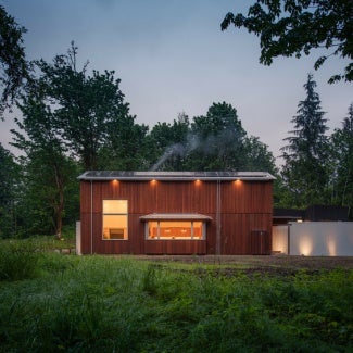 Modern cabin in the Pacific Northwest woods