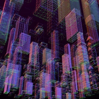 Holographic image of neon building sketches against black background